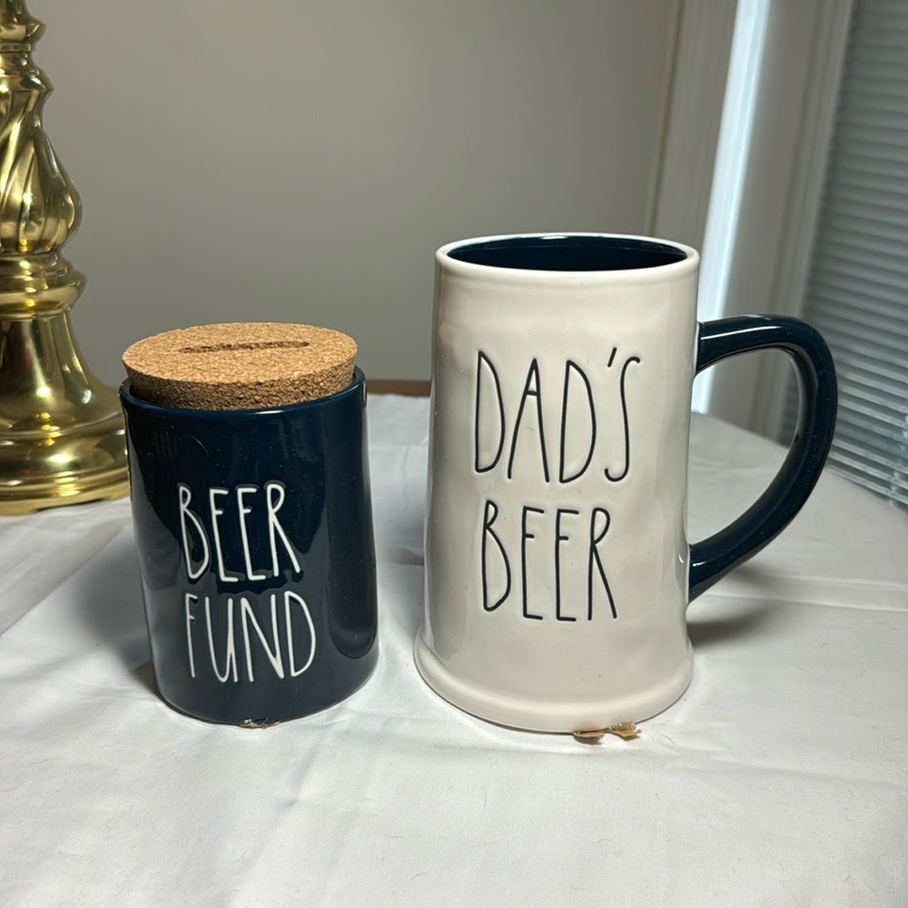 Rae Dunn Dad’s beer mug with beer fund bank